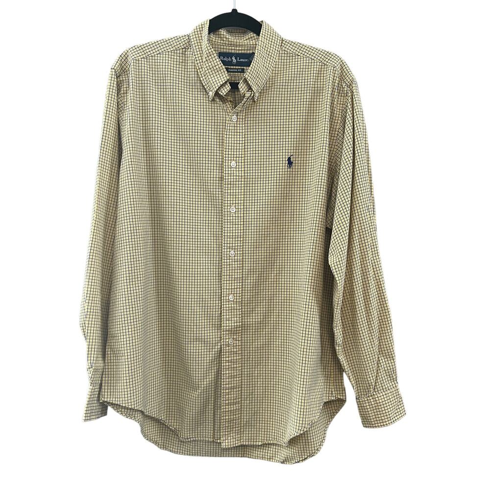 Ralph Lauren Plaid Tattersall Yellow Blue Classic Fit Button Down Shirt 16.5